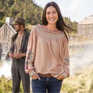 Sundance Beige Blouse with Colorful Embroidery